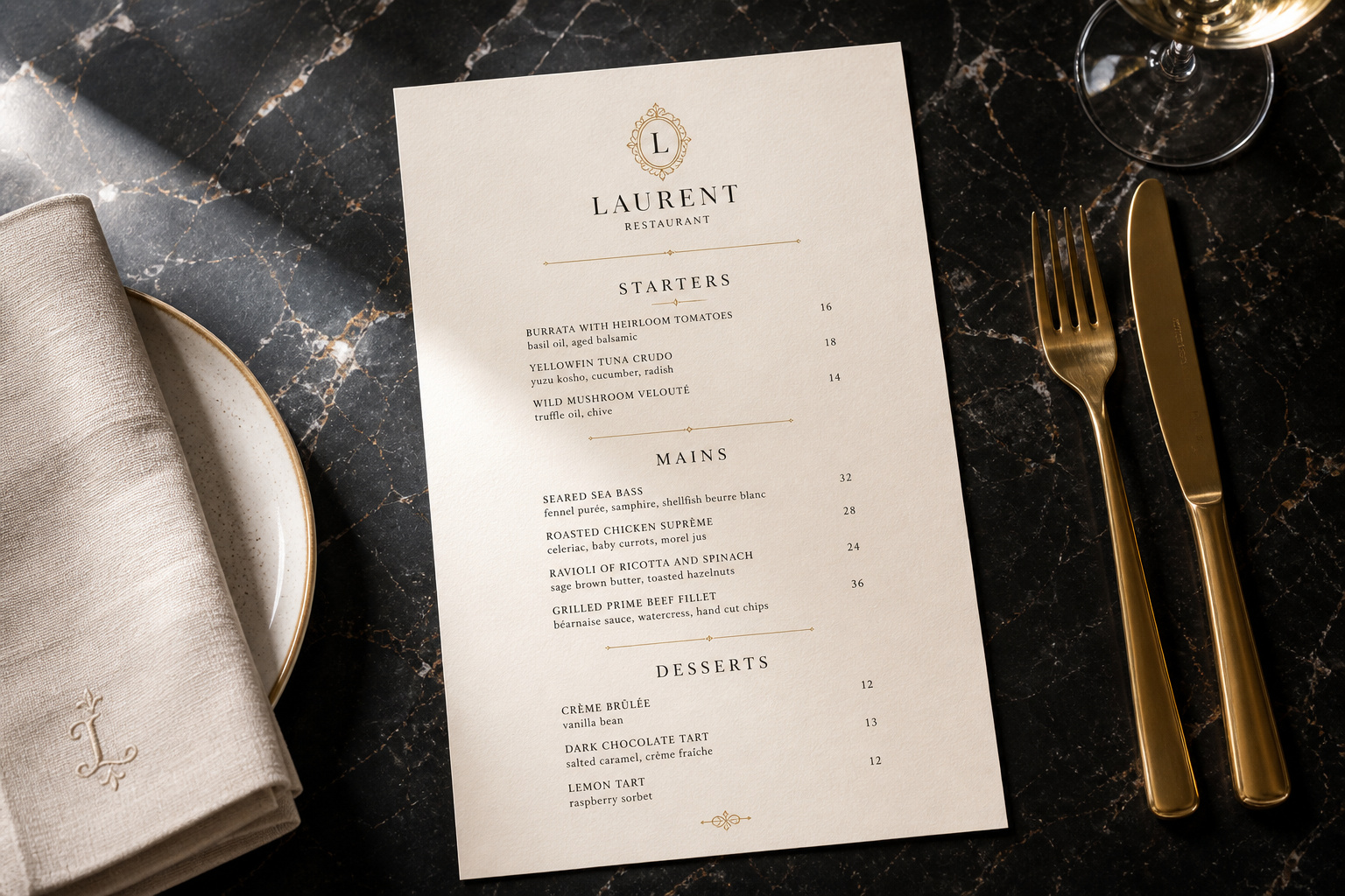 Menu example created with Design Hive